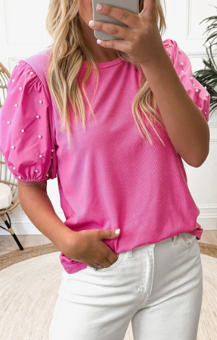 Pearl Beaded Puff Sleeve Top
