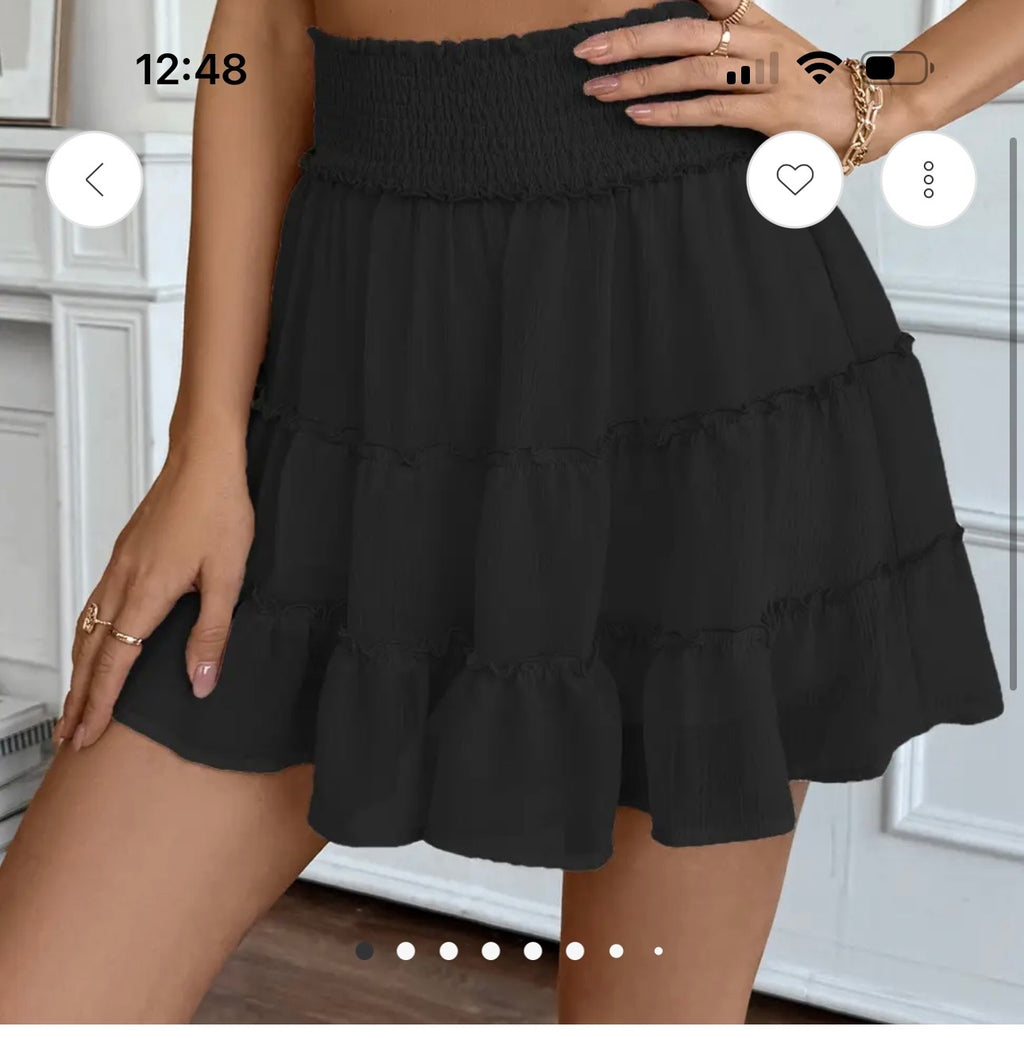 Pleated Lotus Solid Color Elastic Waist Skort