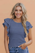 Wavy Textured Ruffle Short Sleeve Top