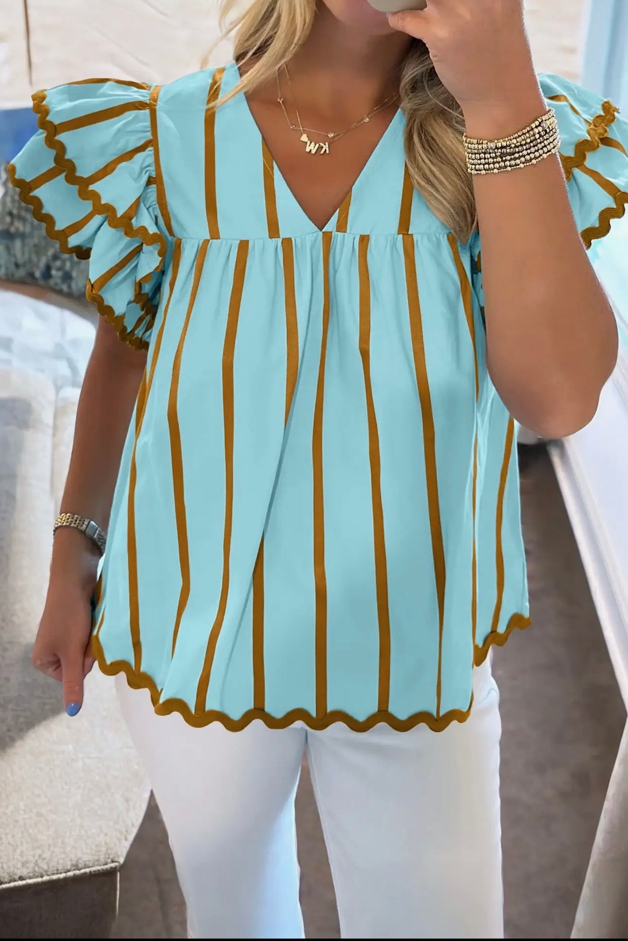 Sky blue Stripe Ricrac Trim Double Ruffled Short Sleeve V Neck Blouse