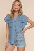 Dolman Short Sleeve Denim Button Down Tencel Shirt