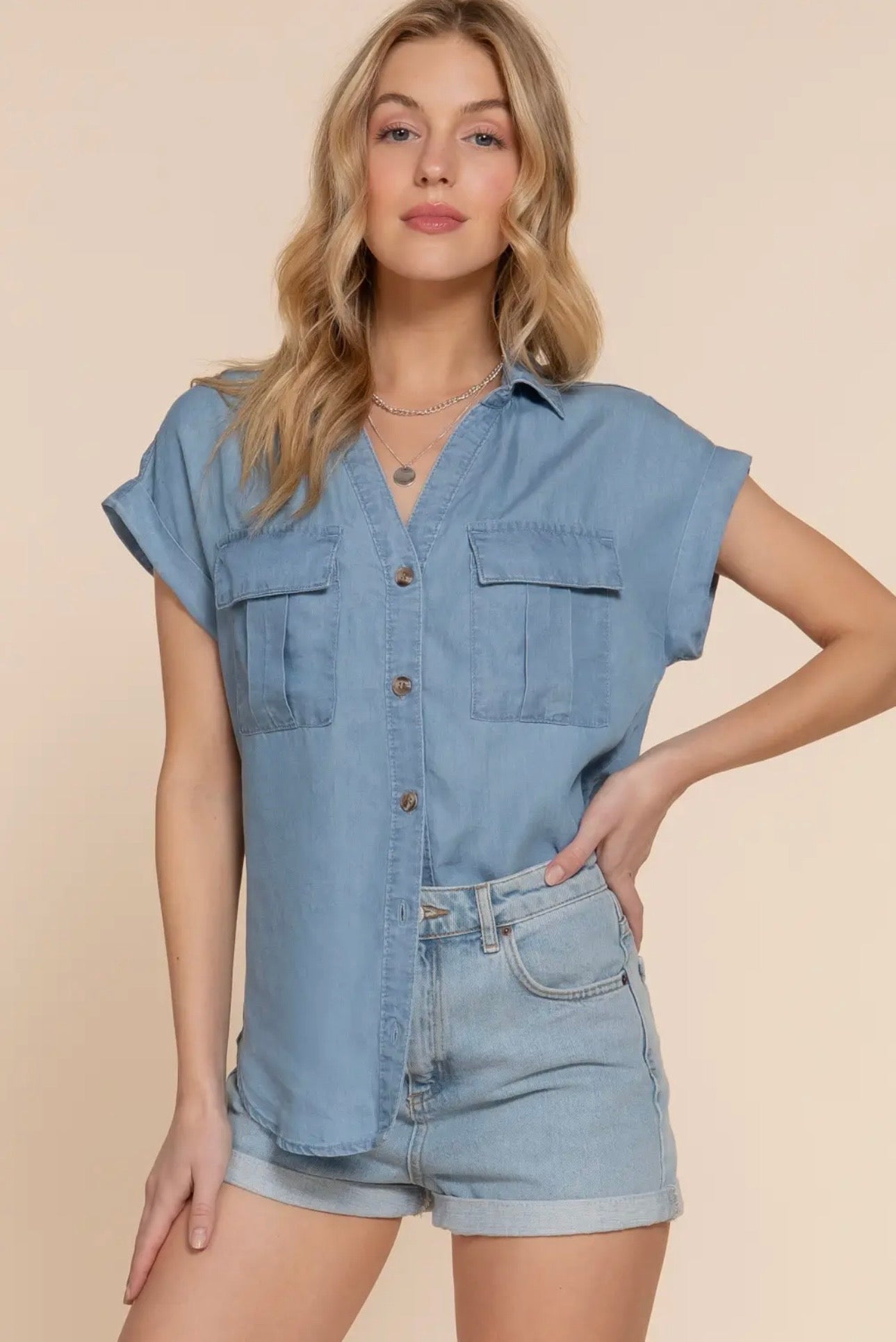 Dolman Short Sleeve Denim Button Down Tencel Shirt
