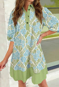 Color Block Patchwork Shirt Collar Half Sleeve Mini Dress