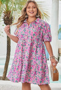Plus Size Floral Half-Button Puff Sleeve Dress