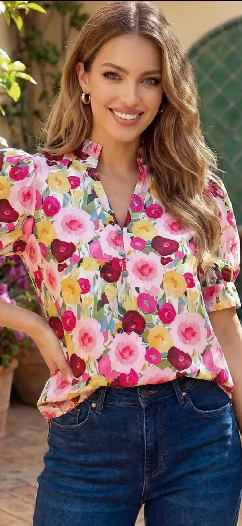 Floral Frilled V Neck