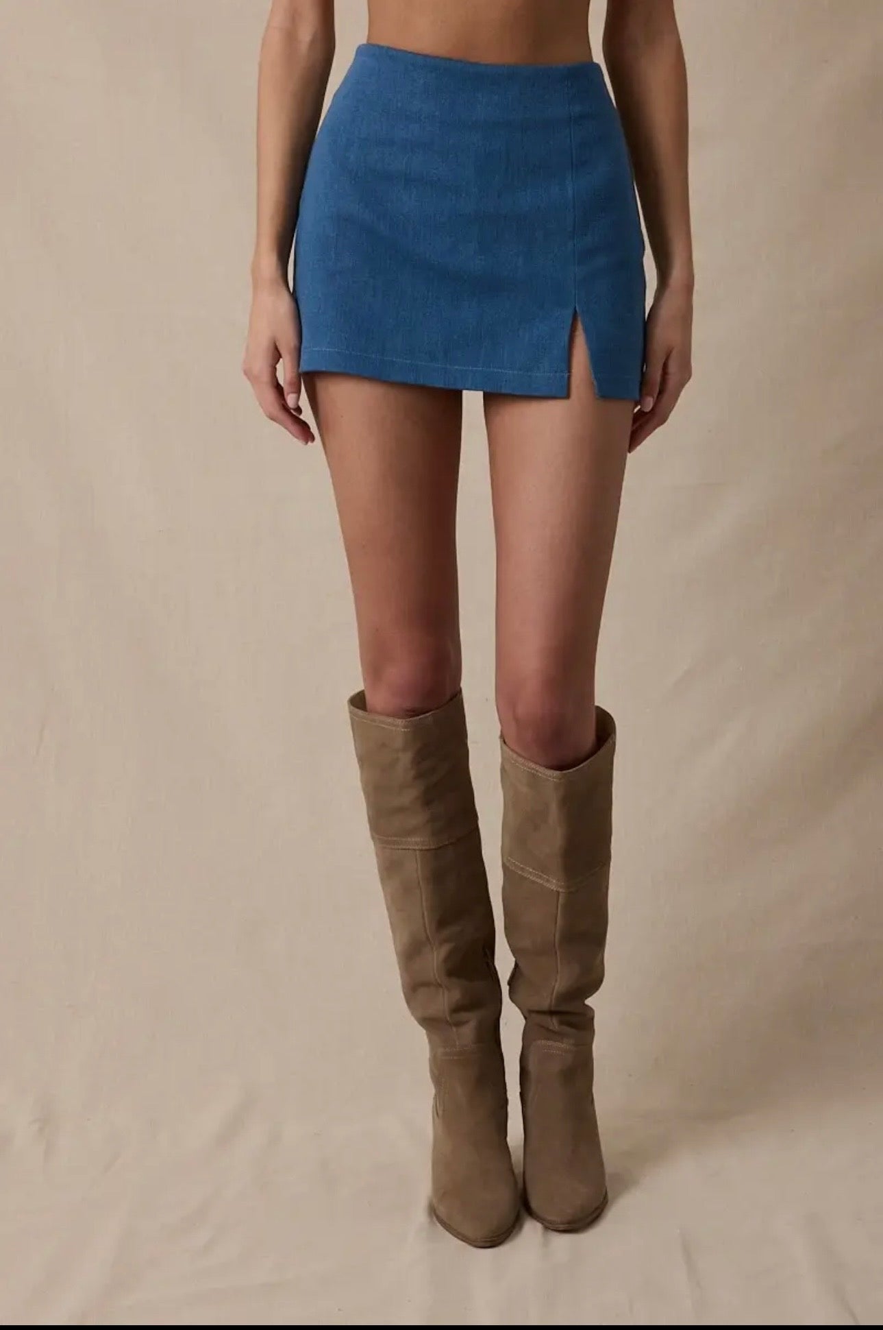 Denim One-Side Slit Slim Fit-In Mini Skort
