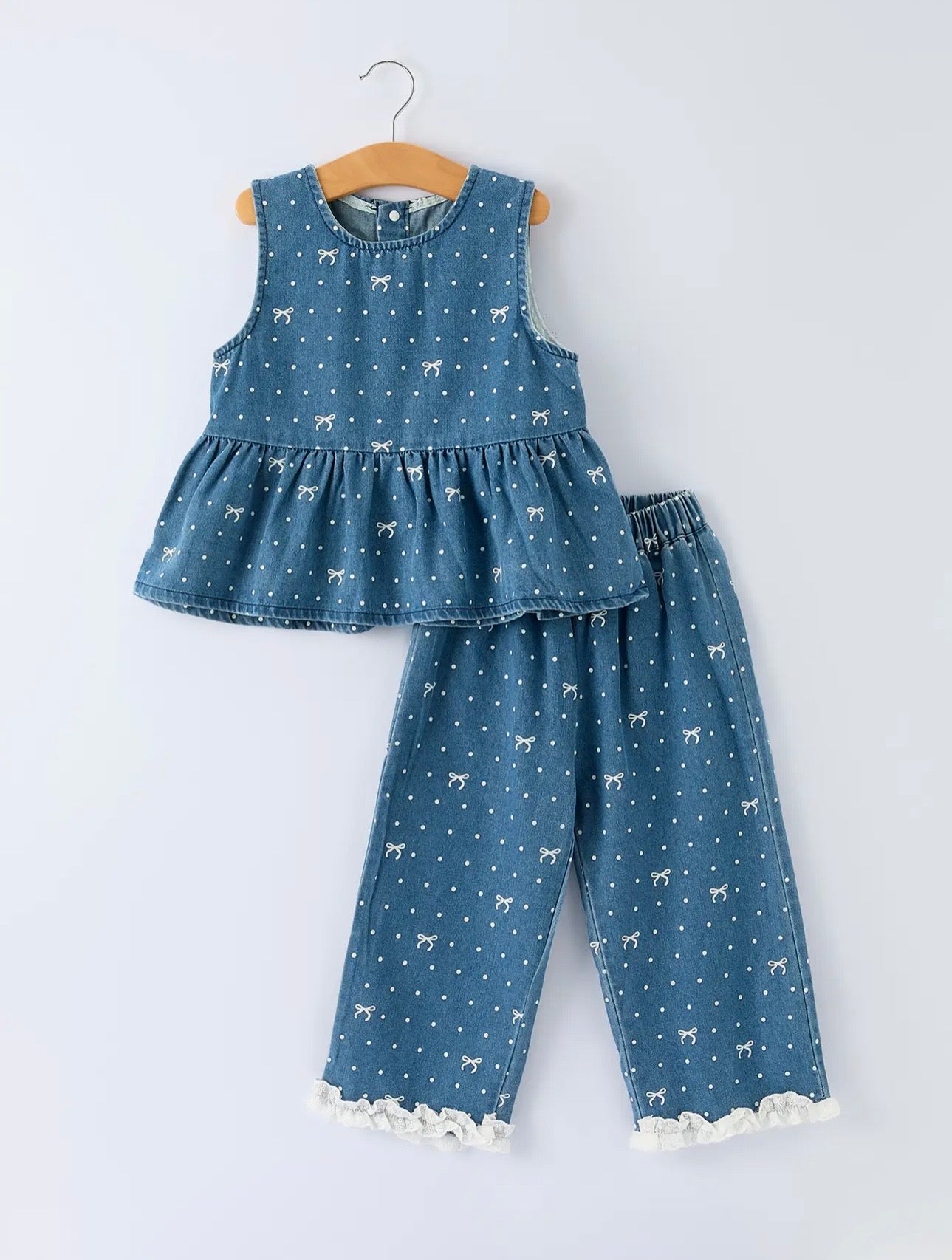 Spring Bow Dot Denim Ruffle Top and Pant Set 3/4 Length Pants