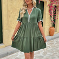 Green Flowy Ruffle Hem V Neck Casual Short Dress