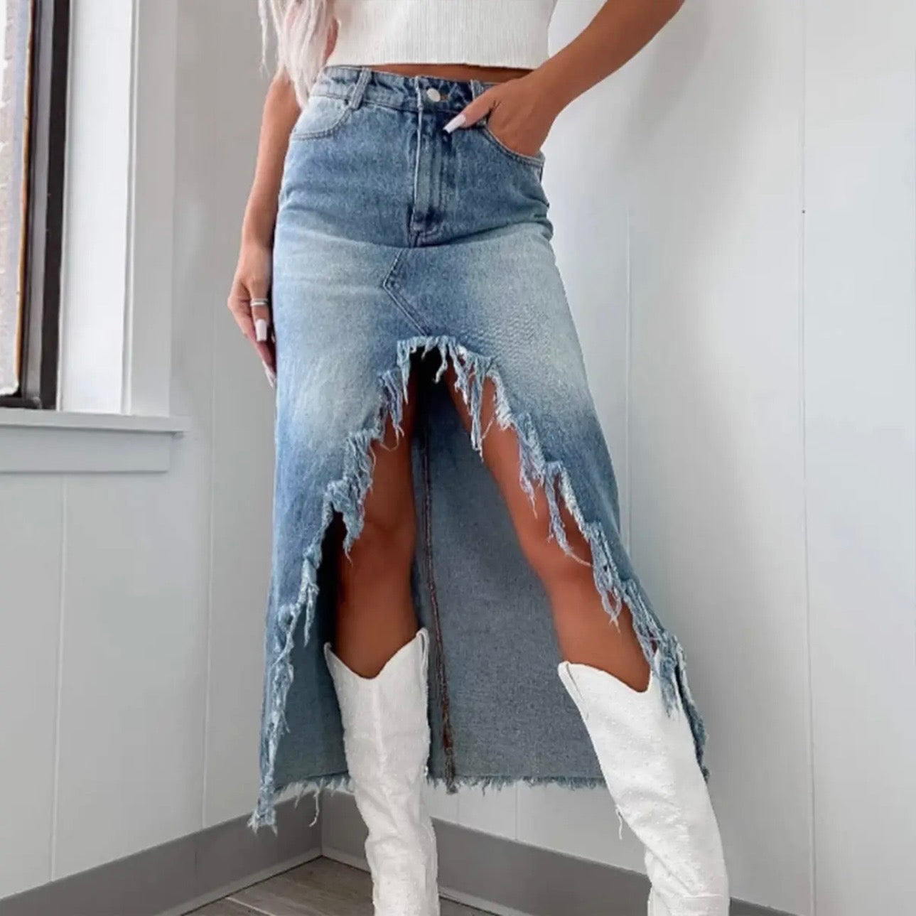 High Waisted Washed Denim Skirt