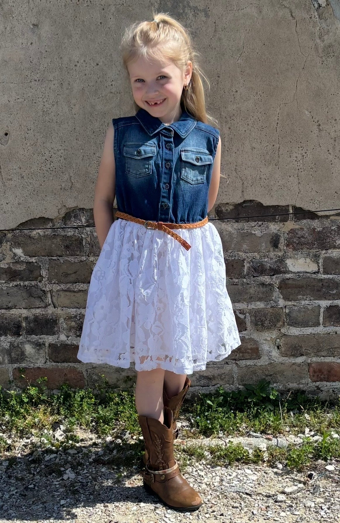 Girl's Blue Jean and Lace Dress