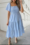 Solid Lace Detail Square Neck Tiered Midi Dress