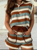 Collar T & Drawstring Patchwork Shorts 2pc Set