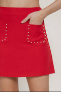 High Waist Front patch Pocket With Pearl Trim Mini Skirt