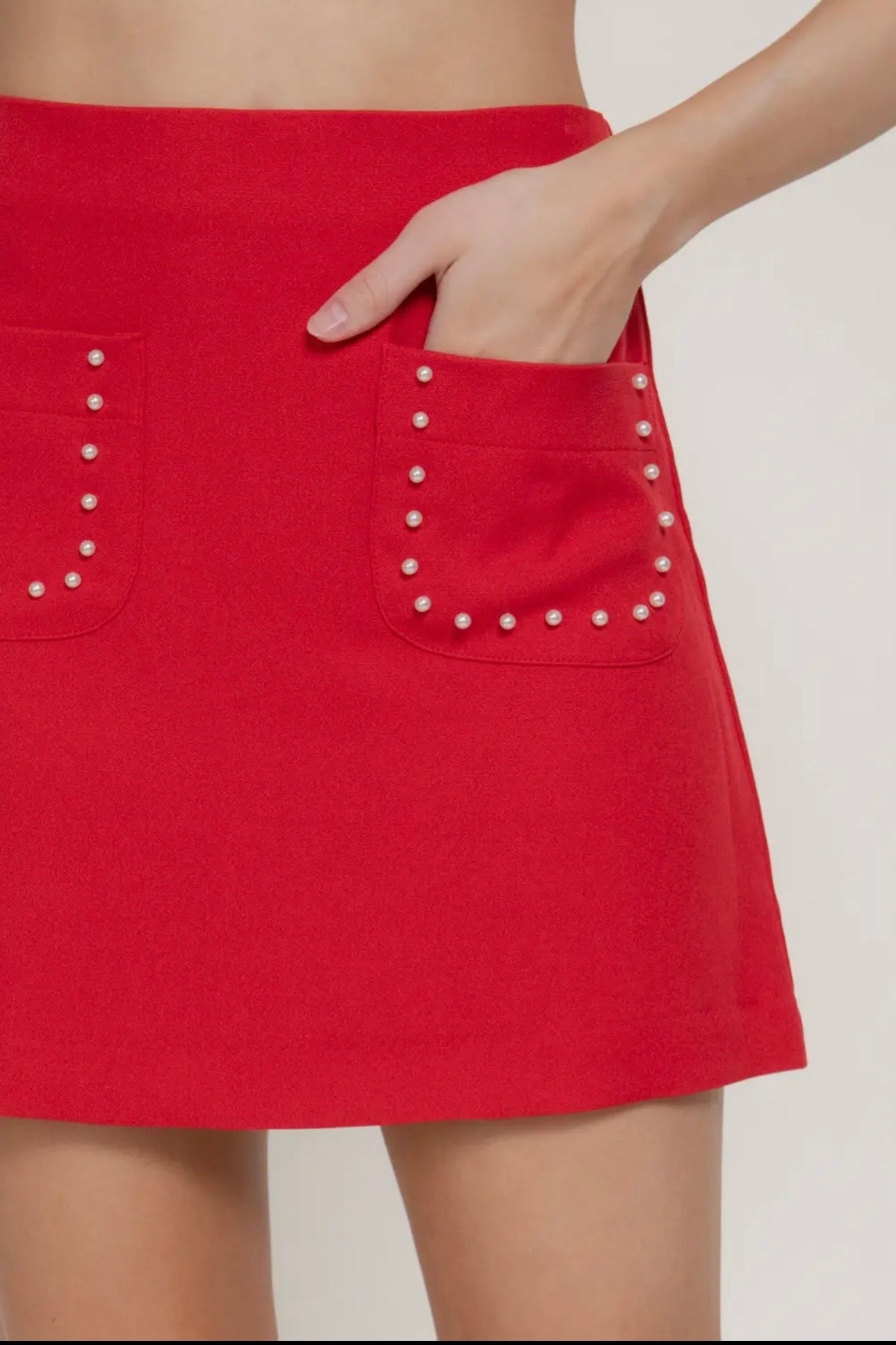 High Waist Front patch Pocket With Pearl Trim Mini Skirt
