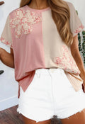Summer Color Block Floral Big Flower Patched Loose T Shirt