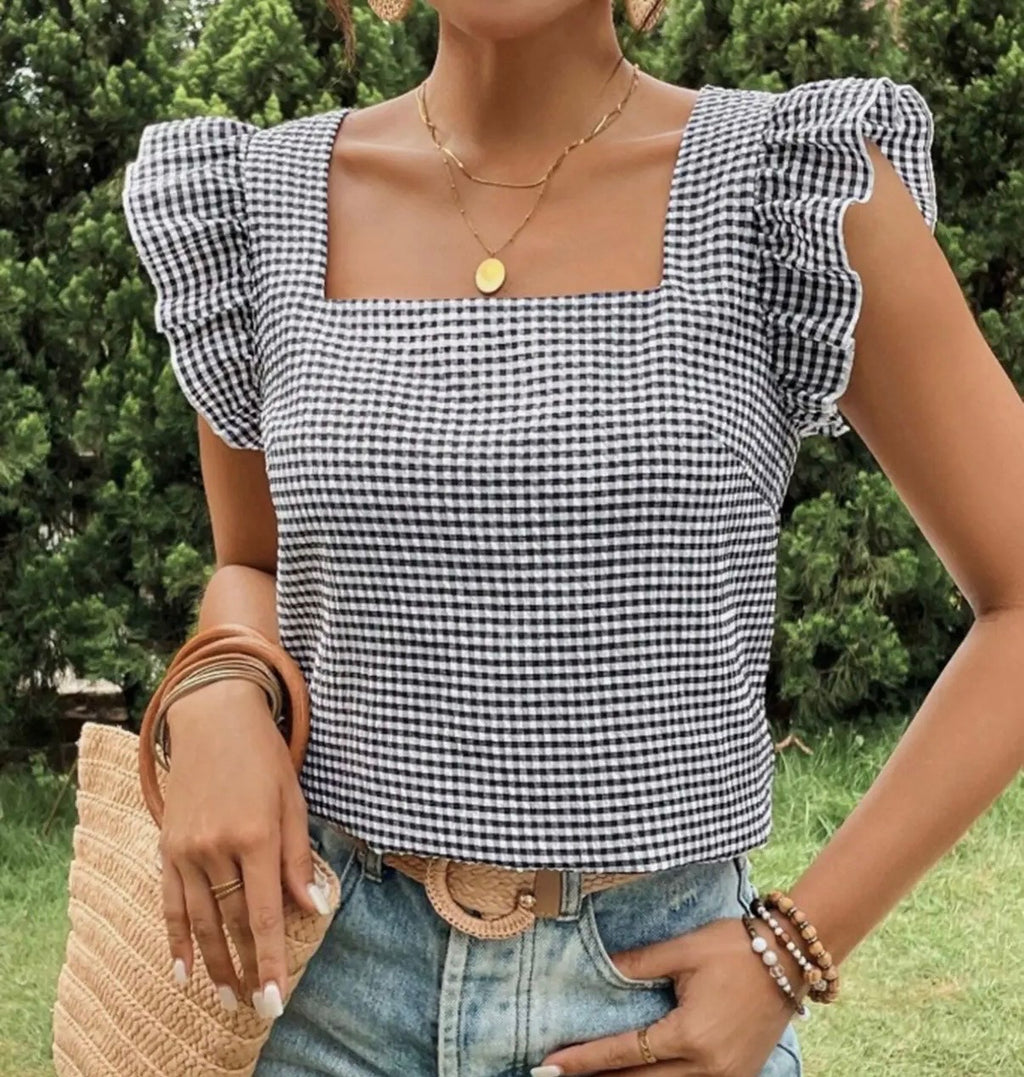 Checkered Square Collar Ruffled Shirt