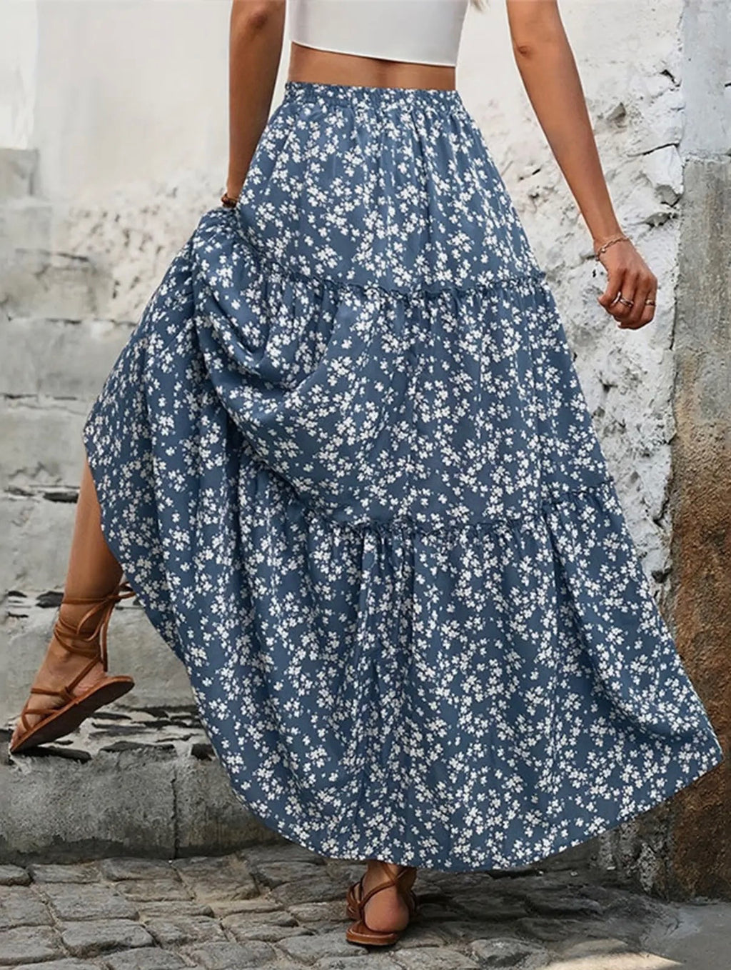 Women's Blue Floral Long Skirt