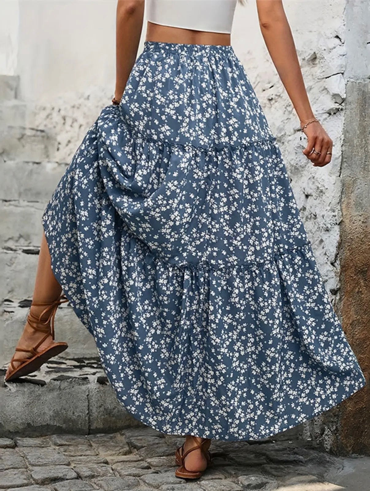 Women's Blue Floral Long Skirt