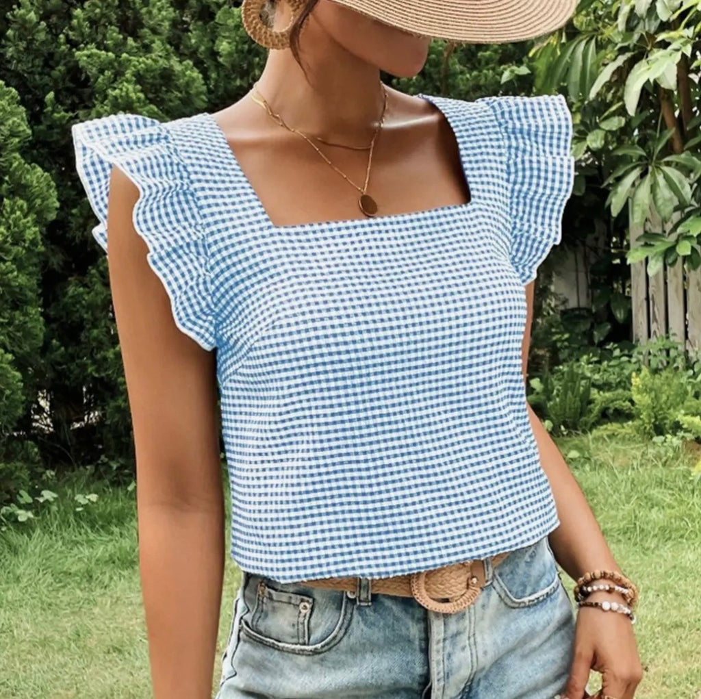 Checkered Square Collar Ruffled Shirt