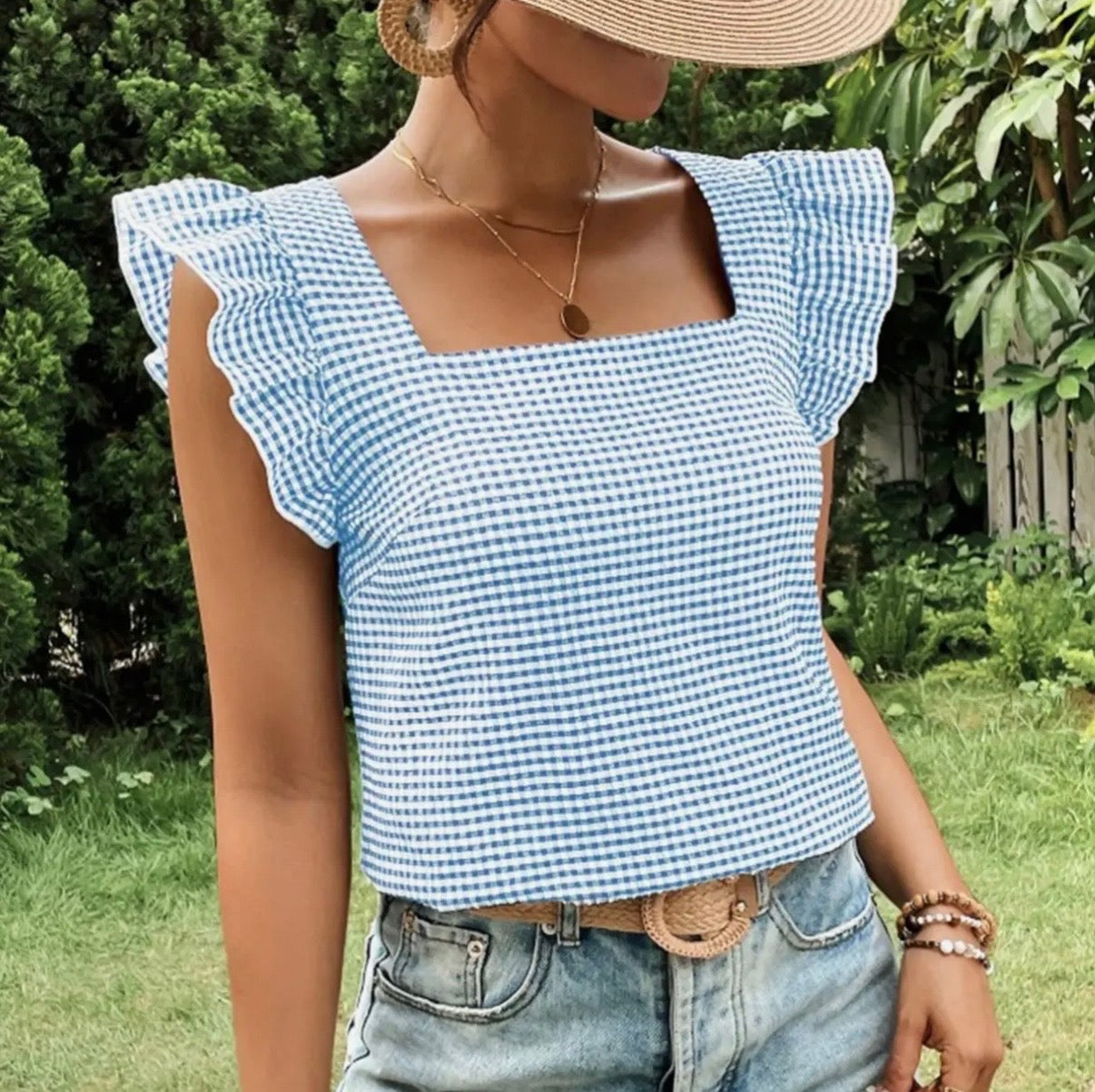 Checkered Square Collar Ruffled Shirt